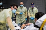 Soldiers assigned to Javits New York Medical Station conduct check-in procedures.