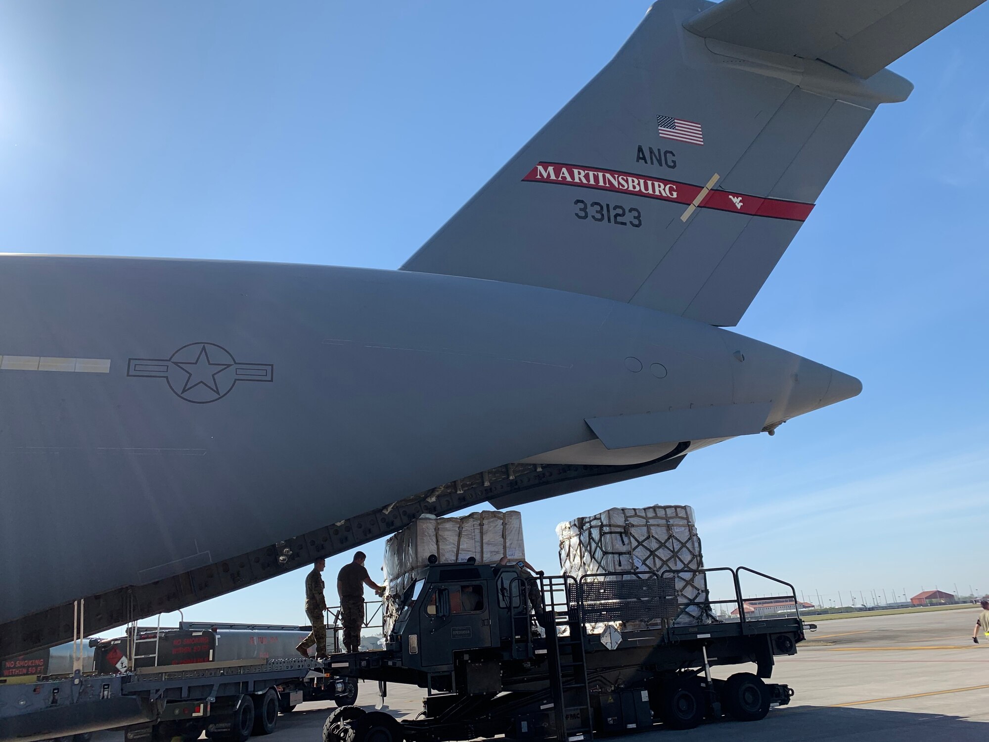 The 167th Airlift Wing transported just over one million COVID-19 test kits from Aviano Air Base, Italy to Memphis, Tenn., April 16, 2020. The test kits, which are maunufactured in Italy, will be distributed throughout the nation from the Fed Ex hub in Tennessee. Eighteen pallets filled the cargo compartment of the C-17 Globemaster III aircraft, crewed by seven 167th AW Airmen.