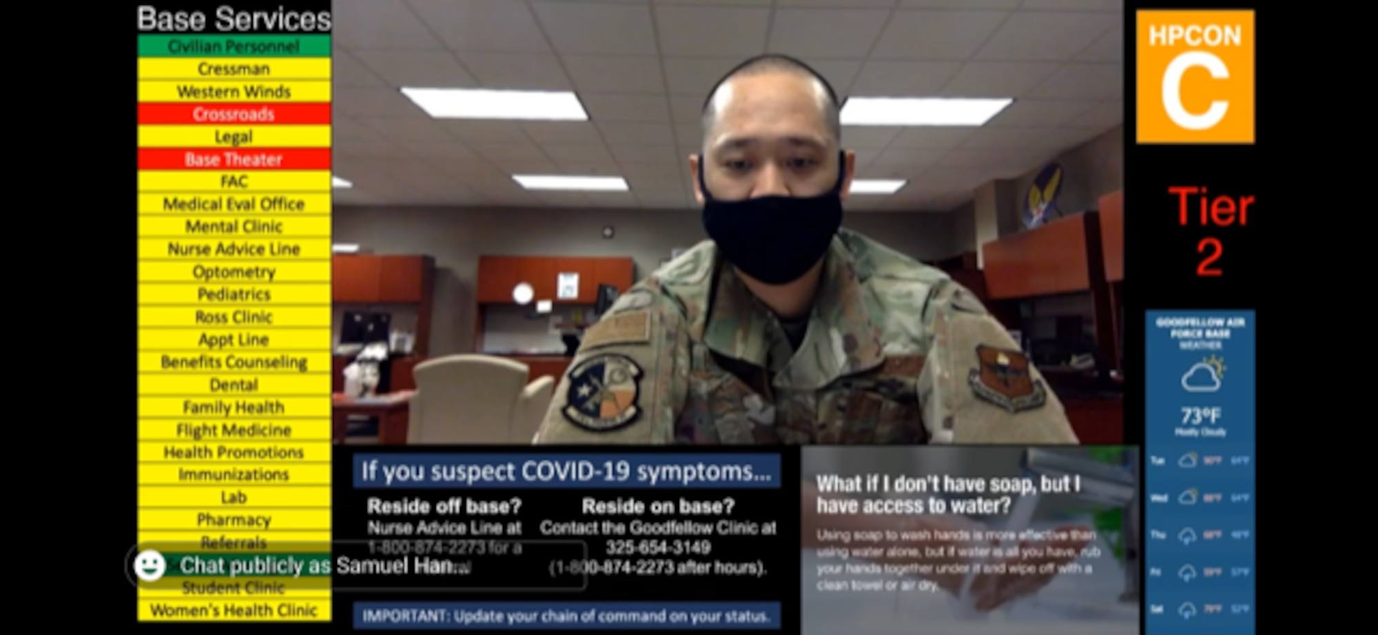 U.S. Air Force Tech. Sgt. Samuel Han, 316th Training Squadron instructor supervisor, briefs incoming students via the 17th Training Wing YouTube livestream. The 316th TRS has begun in-processing new students virtually to avoid any delays in training and keep students safe by practicing social distancing. (Courtesy Photo)