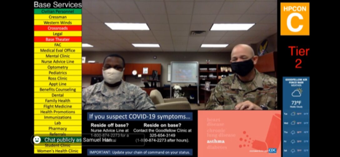 U.S. Air Force Col. Andres Nazario, 17th Training Wing commander, and Chief Master Sgt. Lavor Kirkpatrick, 17th TRW command chief, brief incoming students via the 17th TRW YouTube livestream. The students receive the expectations of their leadership in this virtual setting before beginning their training to comply with social distancing guidance. (Courtesy Photo)