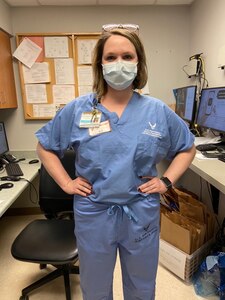 A Healthcare worker at the Vanderbilt University Medical Center in Nashville, Tennessee, wearing scrubs that were donated two weeks ago by recruiters from Air Force Recruiting Service.