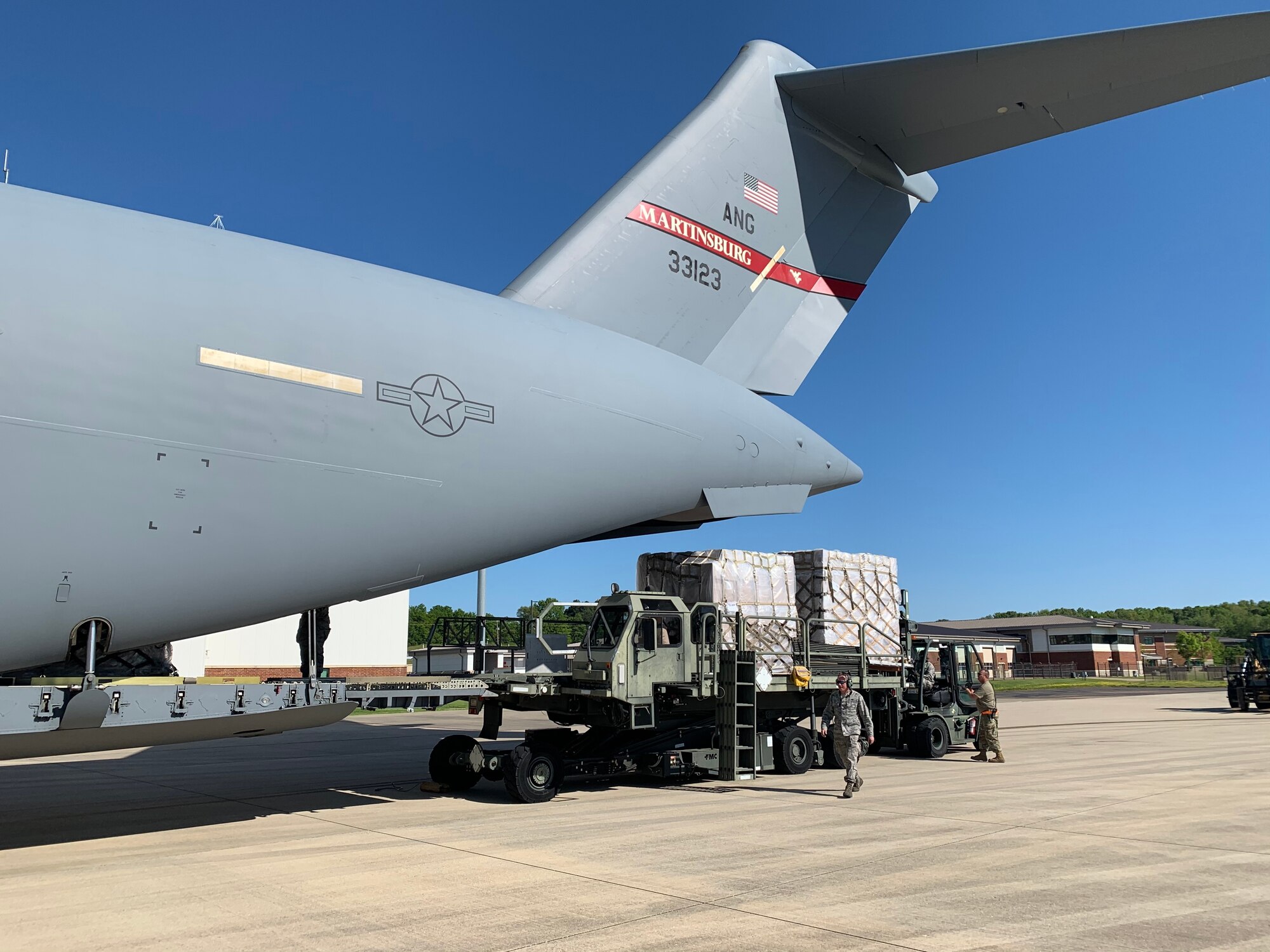 The 167th Airlift Wing transported just over 1 million COVID-19 test kits from Aviano Air Base, Italy, to Memphis, Tenn., April 16, 2020, for distribution throughout the United States. Eighteen pallets filled the cargo compartment of the C-17 Globemaster III aircraft, crewed by seven 167th AW Airmen.