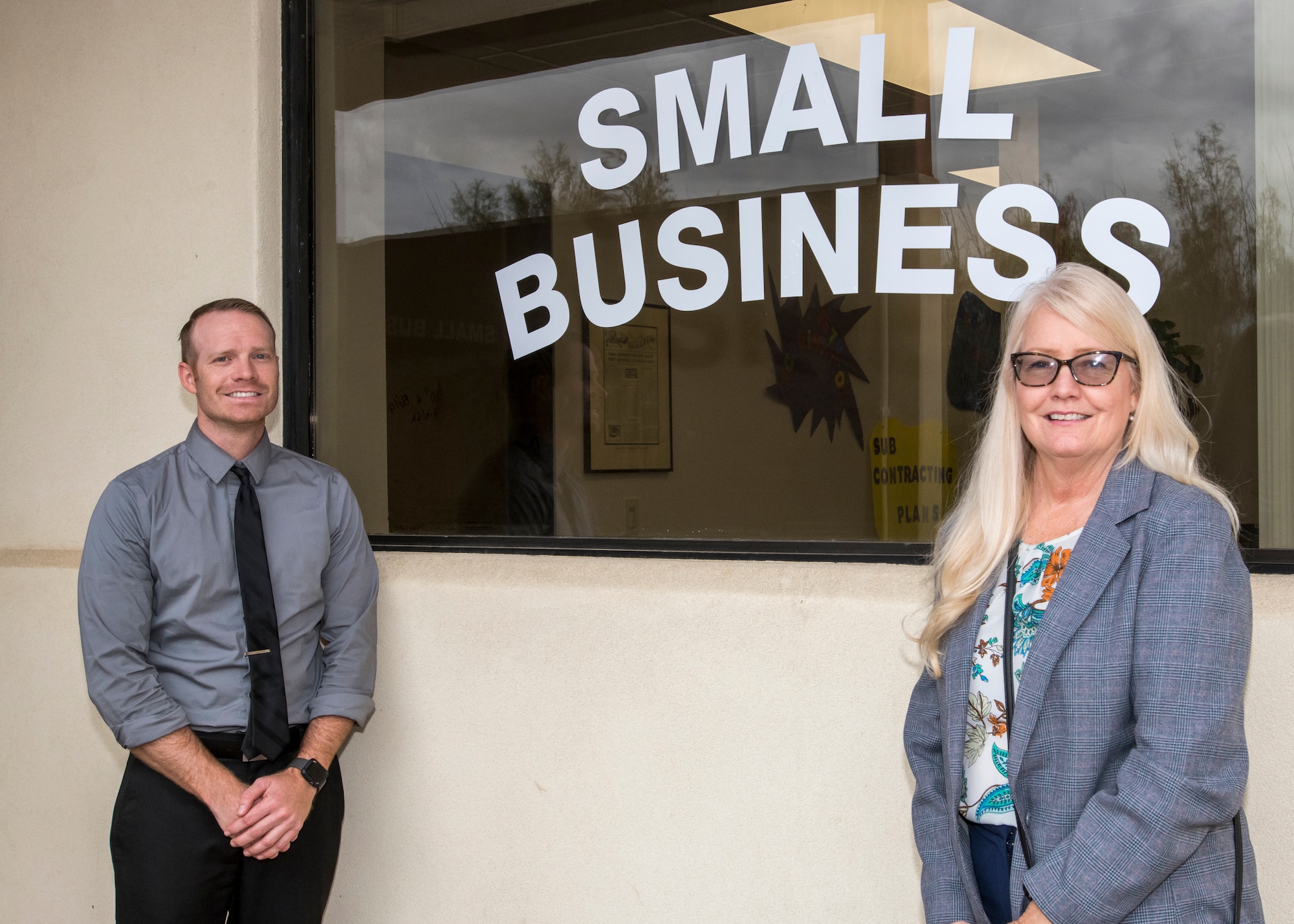 Cynthia Randall and Matthew Chartier from Air Force Test Center Small Business Office at Edwards Air Force Base, California, stand ready to help small businesses establish connections with the Test enterprise. (Air Force photo by Giancarlo Casem)