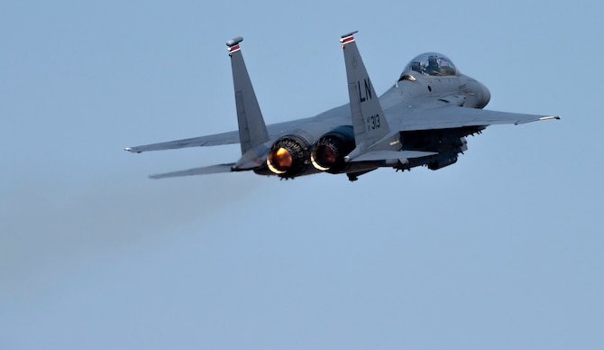 An F-15E Strike Eagle assigned to the 494th Fighter Squadron takes off at Royal Air Force Lakenheath, England, April 16, 2020. Despite the current COVID-19 crisis, the 48th Fighter Wing continues to maintain mission-readiness in order to safeguard U.S. national interests and those of our allies and partners. (U.S. Air Force photo by Airman 1st Class Jessi Monte)