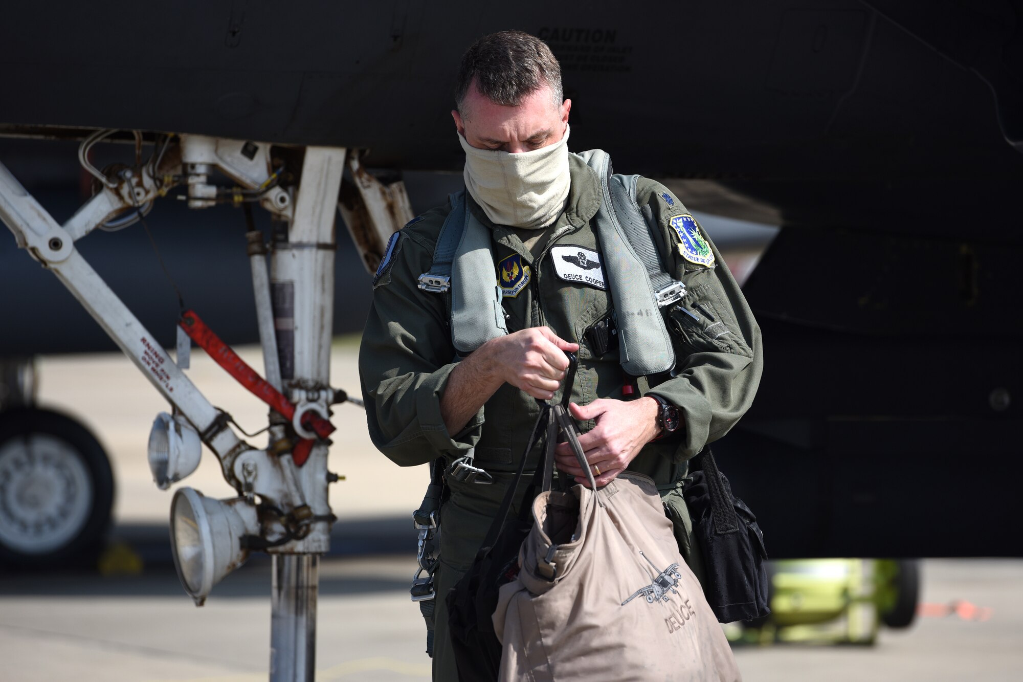 Lt. Col. James Cooper, 48th Operations Group deputy commander, returns from a training sortie at Royal Air Force Lakenheath, England, April 16, 2020. Despite the current COVID-19 crisis, the 48th Fighter Wing continues to maintain mission-readiness in order to safeguard U.S. national interests and those of our allies and partners. (U.S. Air Force photo by Airman 1st Class Jessi Monte)