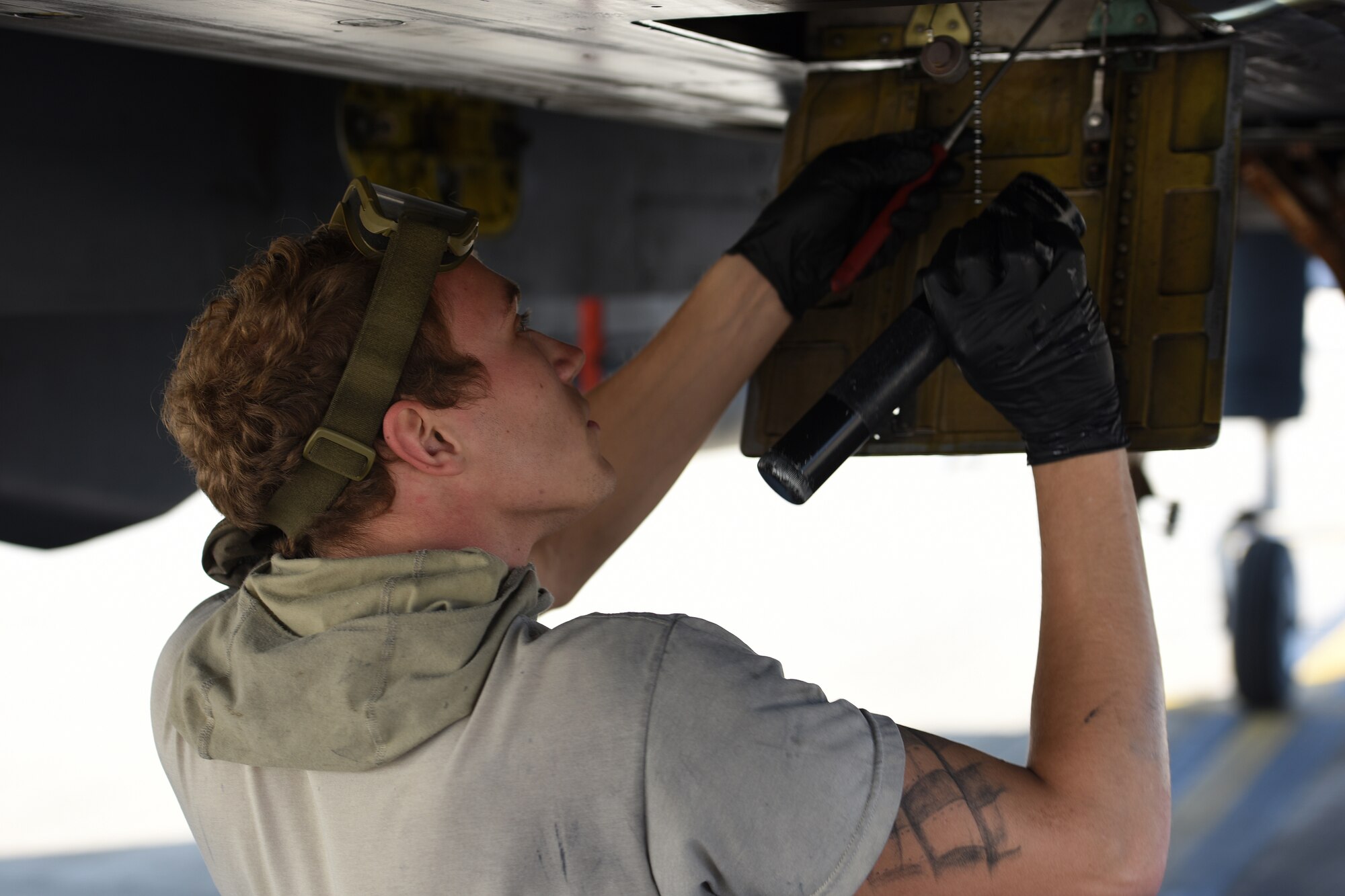 A 48th Maintenance Group crew chief performs post-flight checks on an F-15E Strike Eagle at Royal Air Force Lakenheath, England, April 16, 2020. Crew chiefs are tasked with keeping the aircraft in top flying condition. (U.S. Air Force photo by Airman 1st Class Jessi Monte)