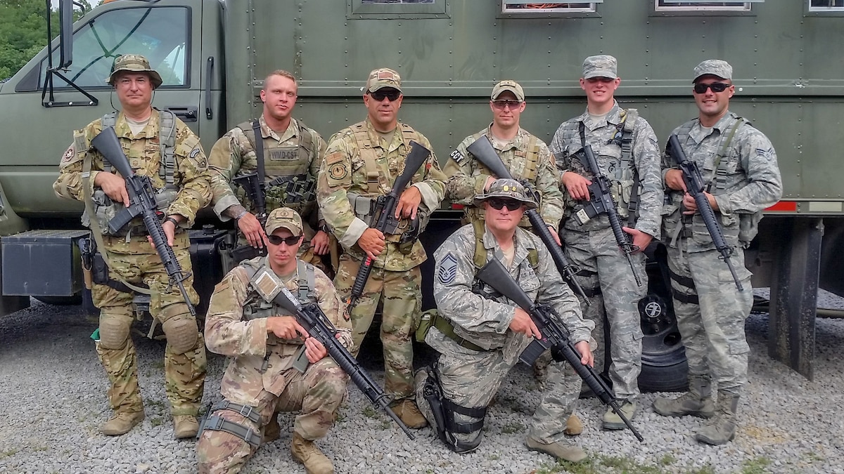 Members of the 123rd Airlift Wing Marksmanship Team competed at the adjutant general’s state combat training event at the Wendell H. Ford Regional Training Center in Greenville, Ky., July 21, 2019. Pictured in the back row, from left to right: Senior Master Sgt. John Siebert, Sgt. Brock Vincent, Senior Master Sgt. Tim Kenny, Capt. Bryan Hunt, Airman 1st Class Ronnie Hall and Airman 1st Class Hans Larsen. Pictured in the front row, from left to right: Tech. Sgt. Abe Hilbers and Senior Master Sgt. Darryl Loafman. Hunt, Loafman, Vincent and Hall took Second-place Overall Team. Loafman scored Second-place Pistol. (Courtesy Photo)