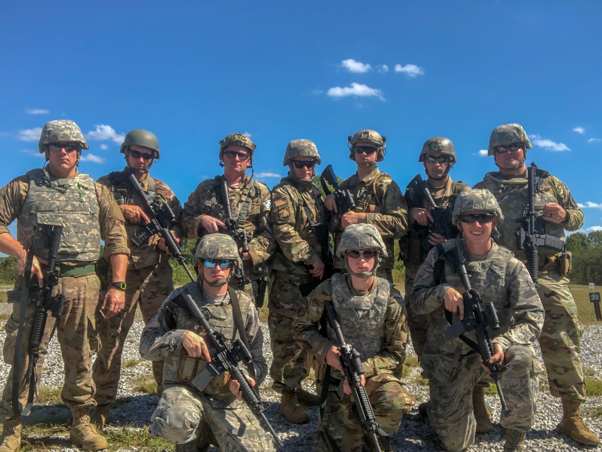 Members of the 123rd Airlift Wing competed in the first-annual Marksmanship Team Training and Competition event at Fort Knox, Ky., Oct. 16, 2019. Pictured in the back row, from left to right: Senior Airman Sam Wurzelbacher, Tech. Sgt. Abe Hilbers, Tech. Sgt. Jacob Faith, Senior Master Sgt. Darryl Loafman, Airman 1st Class Austin Goldman, Staff Sgt. David Farc and Lt. Col. Kevin Krauss. Pictured in the front row, from left to right: Airman 1st Class Matt Dunlap, Airman Karl Kutter and Airman 1st Class Nate Davis. (Courtesy Photo)
