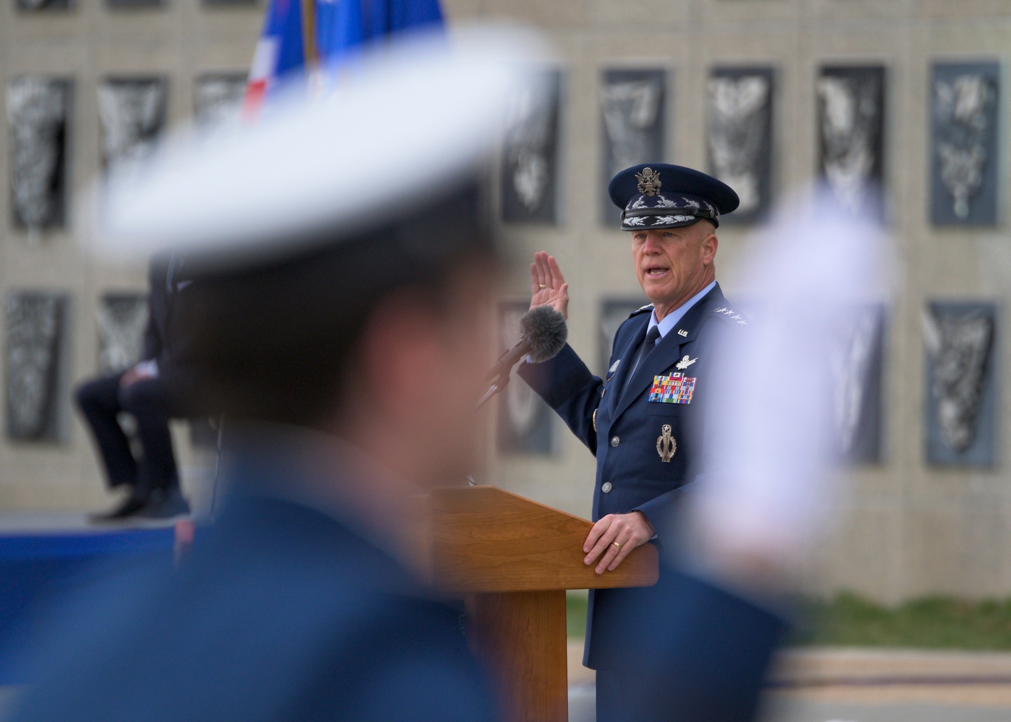 Gen. John W. “Jay” Raymond, Chief of Space Operations, administers the U.S. Space Force Oath of Office to the Eighty-Six Space Force Cadets during the U.S. Air Force Academy Class of 2020 graduation at the Air Force Academy in Colorado Springs, Colo.