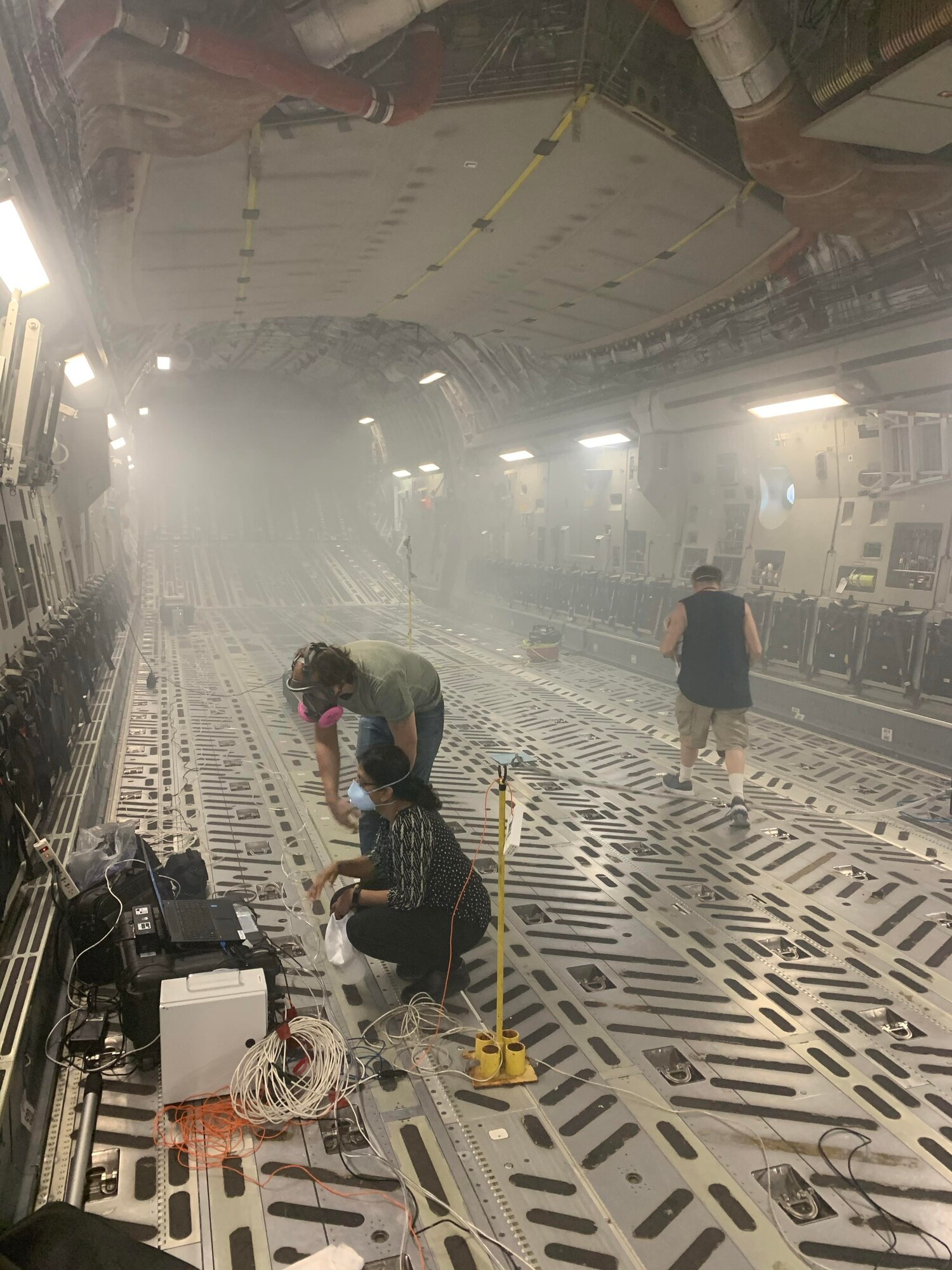 A team from the Air Force Life Cycle Management Center’s C-17 Program Office, 28th Test and Evaluation Squadron, and 437th Airlift Wing, conducted several interior airflow tests on a C-17 at Joint Base Charleston, S.C. March 26-30. The tests were designed to collect data and gather information to characterize the C-17’s airflow and ventilation patterns. (Courtesy photo)