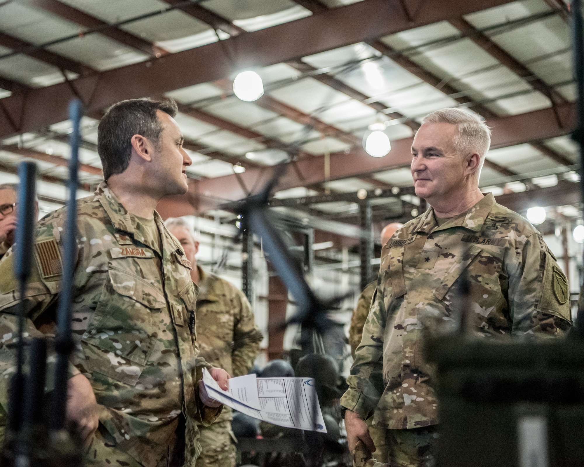 Brig. Gen. Haldane Lamberton (right), Kentucky’s newly appointed adjutant general, learns about the capabilities of the 123rd Special Tactics Squadron from Maj. Aaron Zamora, commander of the 123rd Special Tactics Squadron, during a tour of the Kentucky Air National Guard Base in Louisville, Ky., on Jan. 28, 2020. Lamberton visited various work centers, learning about the unique mission sets of the 123rd Airlift Wing. (U.S. Air National Guard photo by Staff Sgt. Joshua Horton)