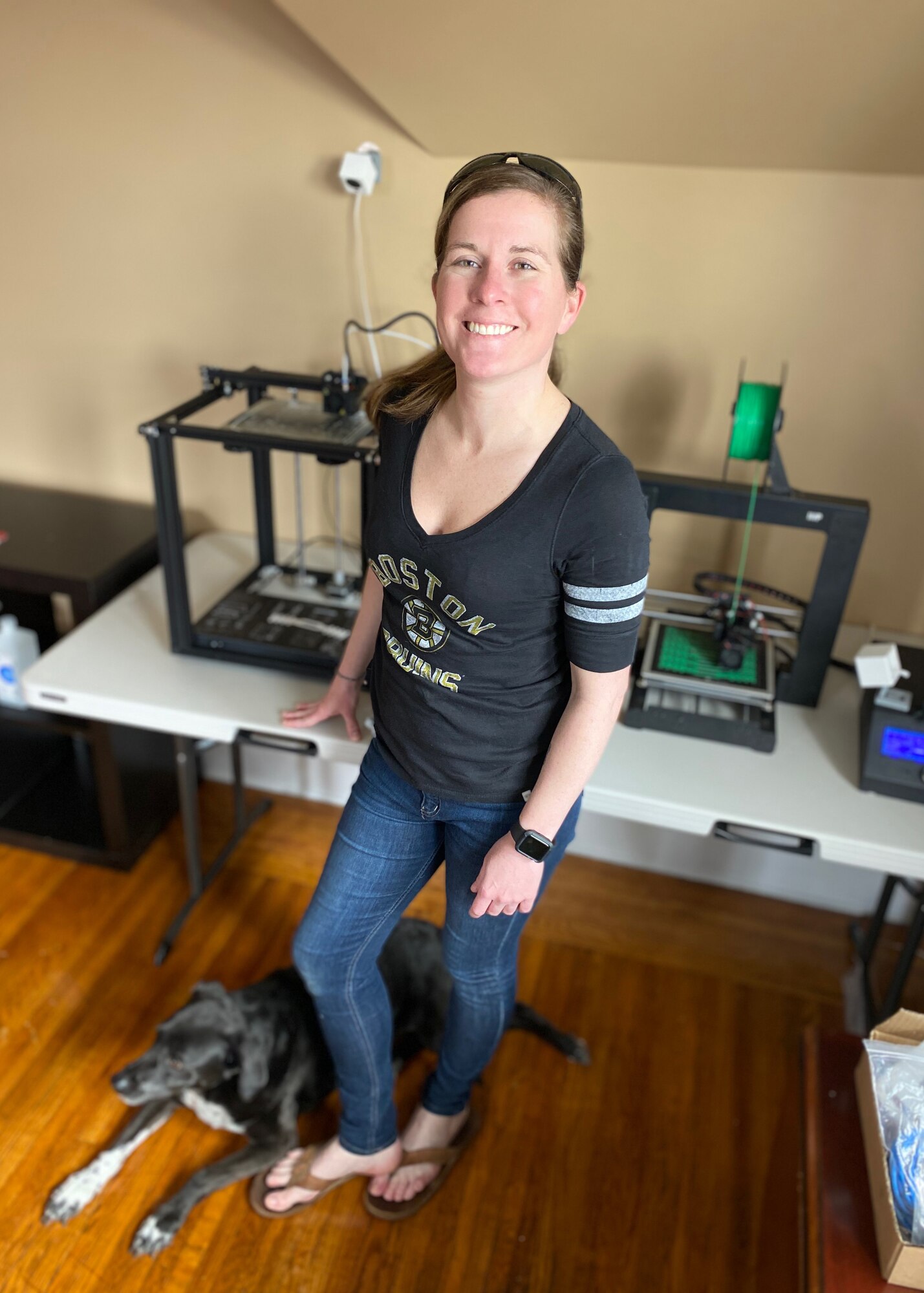 More than 50 members of the 104th Fighter Wing have been activated and are working within their career fields to assist with the COVID-19 response efforts within the Commonwealth.  Although Staff Sgt. Whitney Greaney has not been activated, she decided to help her community with her personal 3D printer.  Greaney is printing mask extenders on her 3D printer at home and donating them to those who need them most.  (Courtesy photo)
