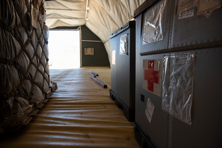 Medical supplies are stored in the new temporary warehouses at the Expeditionary Medical Support System facility April 14, 2020, at U.S. Naval Hospital Guam.