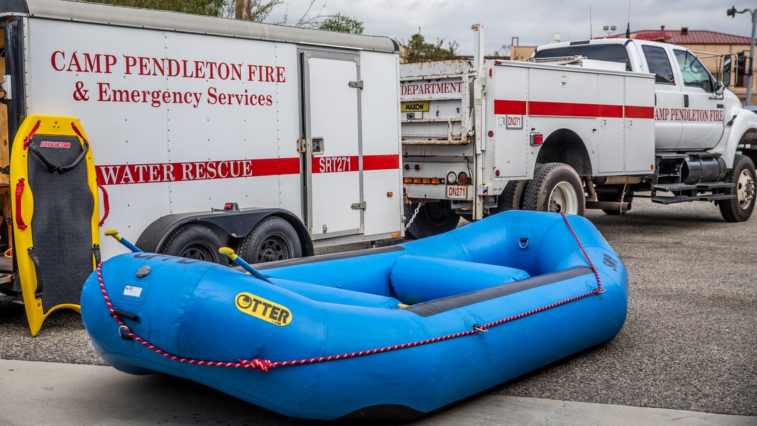 Gear from Camp Pendleton Fire Department’s Swift-Water Rescue Team is laid out at the 22 Area fire department on Marine Corps Base Camp Pendleton, California, April 17.