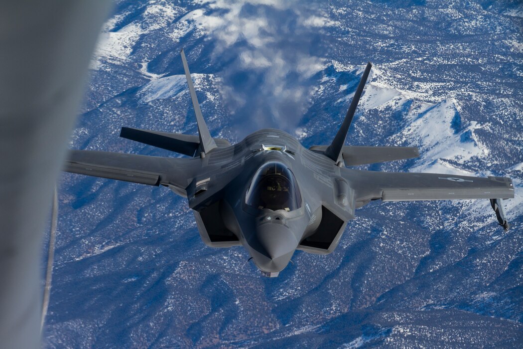 An F-35 Lightning II, assigned to Hill Air Force Bases 388th Fighter Wing and 419th Fighter Wing, approaches a KC-135R Stratotanker, assigned to the Utah Air National Guard’s 151st Air Refueling Wing during an exercise on January 6, 2020. The exercise generated 50 F-35s from Hill AFB, 24 of which were refueled by two Utah KC-135s during air refueling operations.