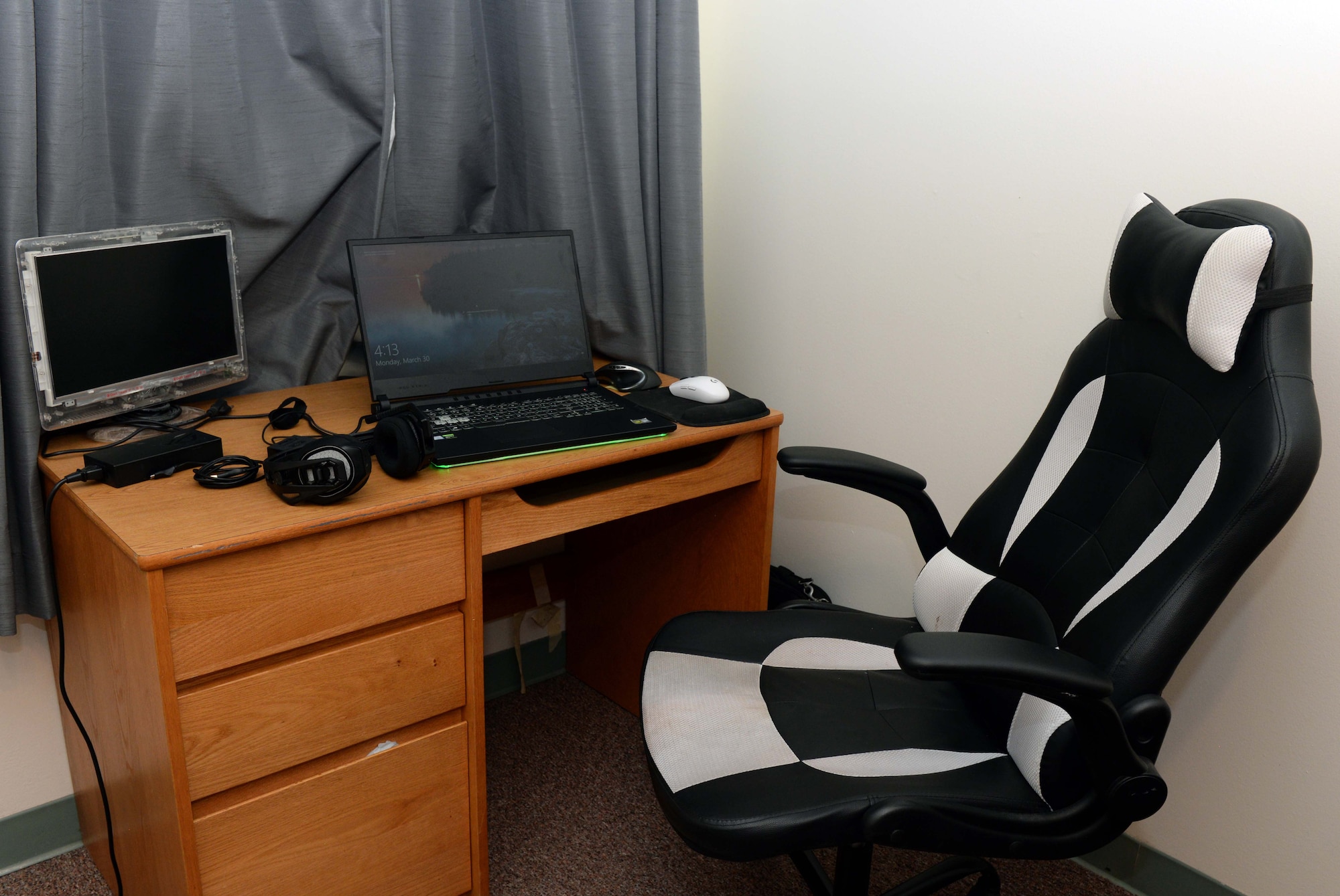 Airman's Video gaming set up with gaming chair