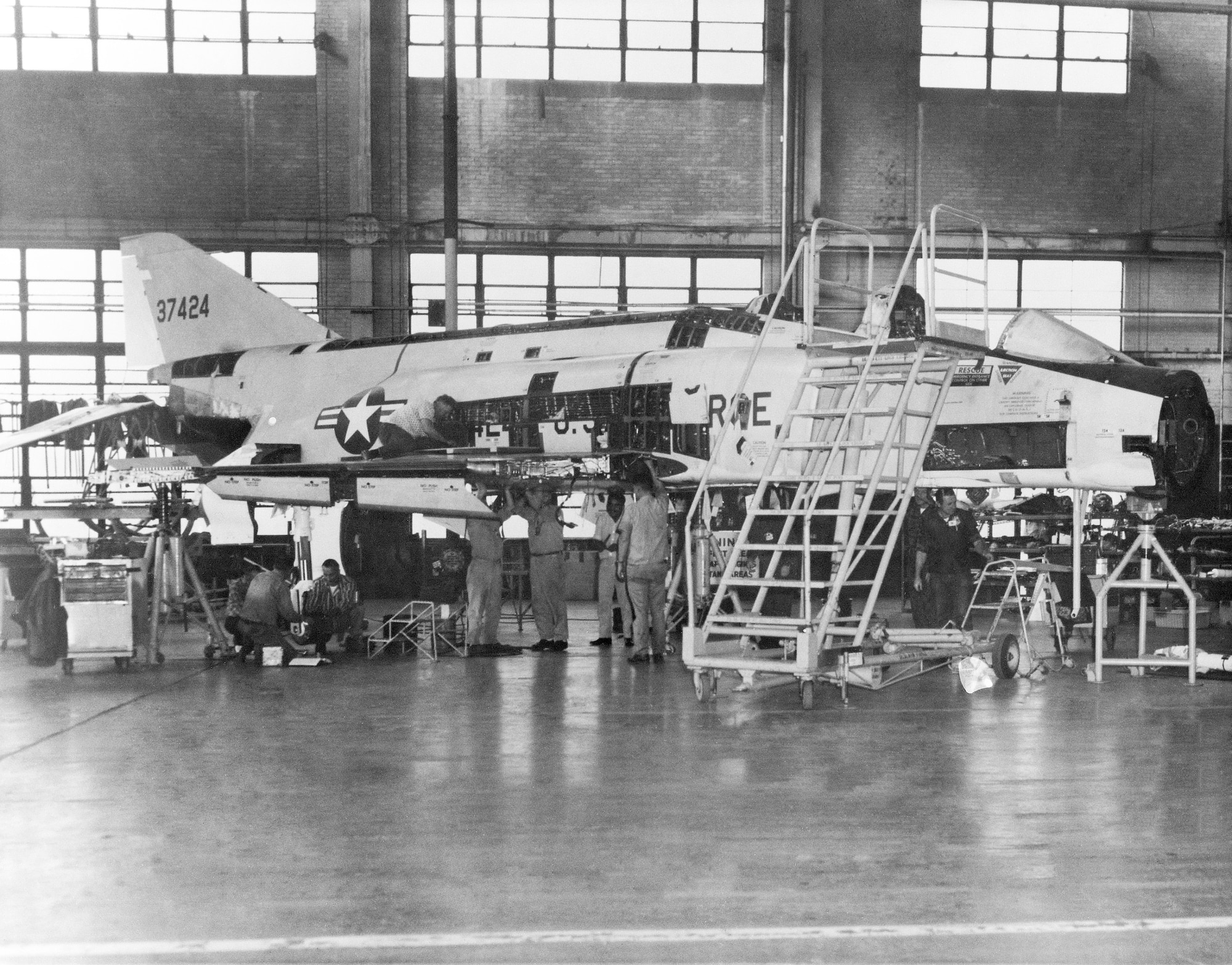 An F-4 Phantom during Programmed Depot Maintenance.