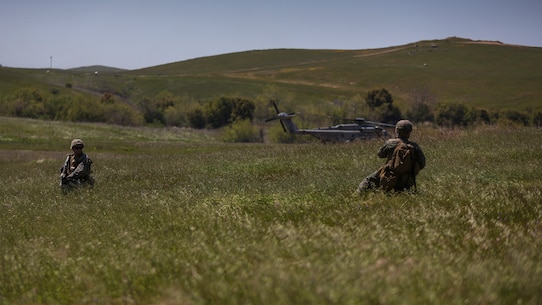 U.S. Marines with 2nd Battalion, 4th Marine Regiment, 1st Marine Division, set up a perimeter for a Tactical Recovery of Aircraft and Personnel (TRAP) on Marine Corps Base Camp Pendleton, Calif., April 14,2020. The training was held to ensure consistent operational capability as 3rd MAW remains ready to support short notice, world-wide deployments while following necessary precautions to protect the health of the force. (U.S. Marine Corps photo by Lance Cpl. Jaime Reyes)