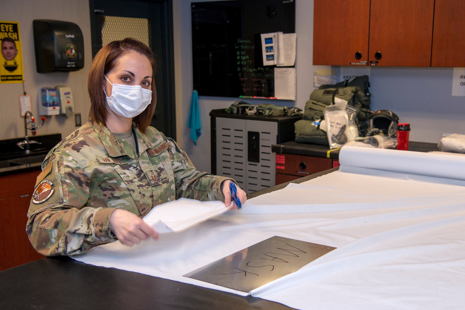 Tech. Sgt. Jennifer Van Note, an aircrew flight equipment specialist with the 140th Wing, Colorado National Guard at Buckley Air Force Base, Colorado, says she is proud to help make face masks for the community.