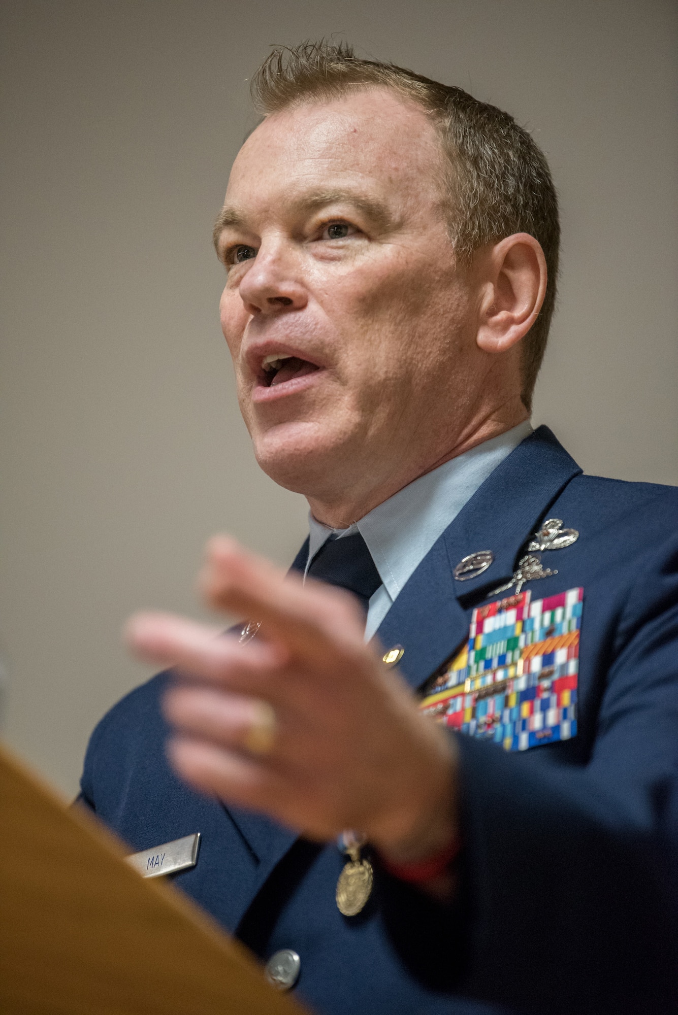 Chief Master Sgt. Aaron May, the outgoing chief enlisted manager for the 123rd Special Tactics Squadron, speaks at his retirement ceremony at the Kentucky Air National Guard Base in Louisville, Ky., on Dec 7, 2019. May is retiring after more than 26 years of service to the Kentucky Air National Guard and U.S. Air Force. (U.S. Air National Guard photo by Staff Sgt. Joshua Horton)