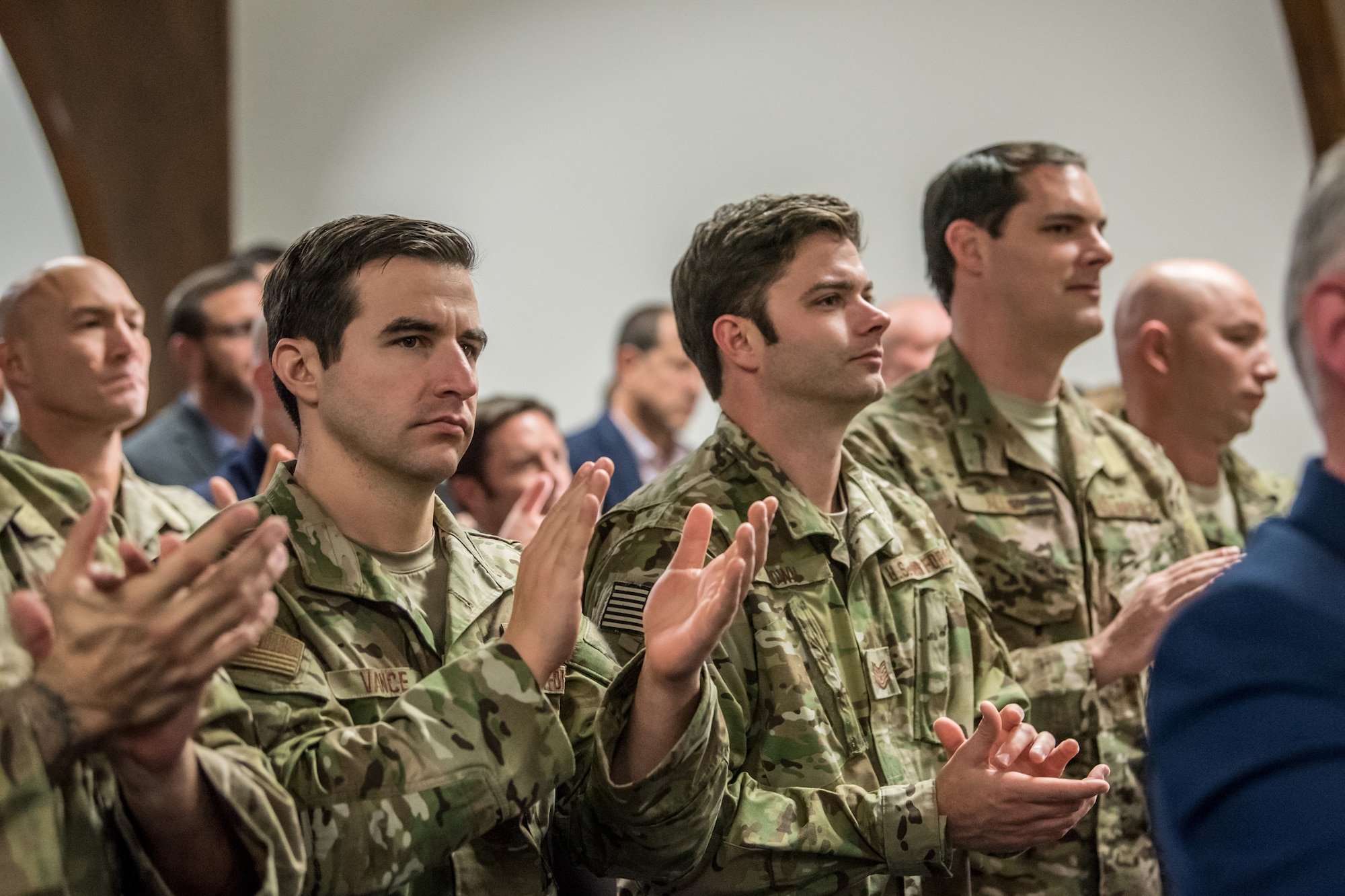 Hundreds of friends, family and co-workers attend a retirement ceremony at the Kentucky Air National Guard Base in Louisville, Ky., on Dec 7, 2019, to pay their respects to Chief Master Sgt. Aaron May, the outgoing chief enlisted manager for the 123rd Special Tactics Squadron. May is retiring after more than 26 years of service to the Kentucky Air National Guard and U.S. Air Force. (U.S. Air National Guard photo by Staff Sgt. Joshua Horton)