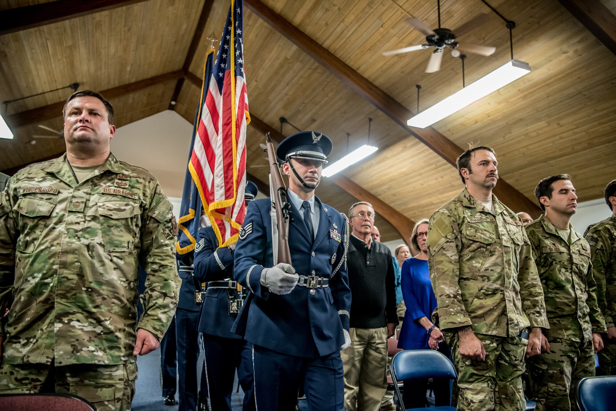 The 123rd Airlift Wing Color Guard pepares to present the colors during the retirement ceremony of Chief Master Sgt. Aaron May, the outgoing chief enlisted manager for the 123rd Special Tactics Squadron, at the Kentucky Air National Guard Base in Louisville, Ky., on Dec 7, 2019. May is retiring after more than 26 years of service to the Kentucky Air National Guard and U.S. Air Force. (U.S. Air National Guard photo by Staff Sgt. Joshua Horton)