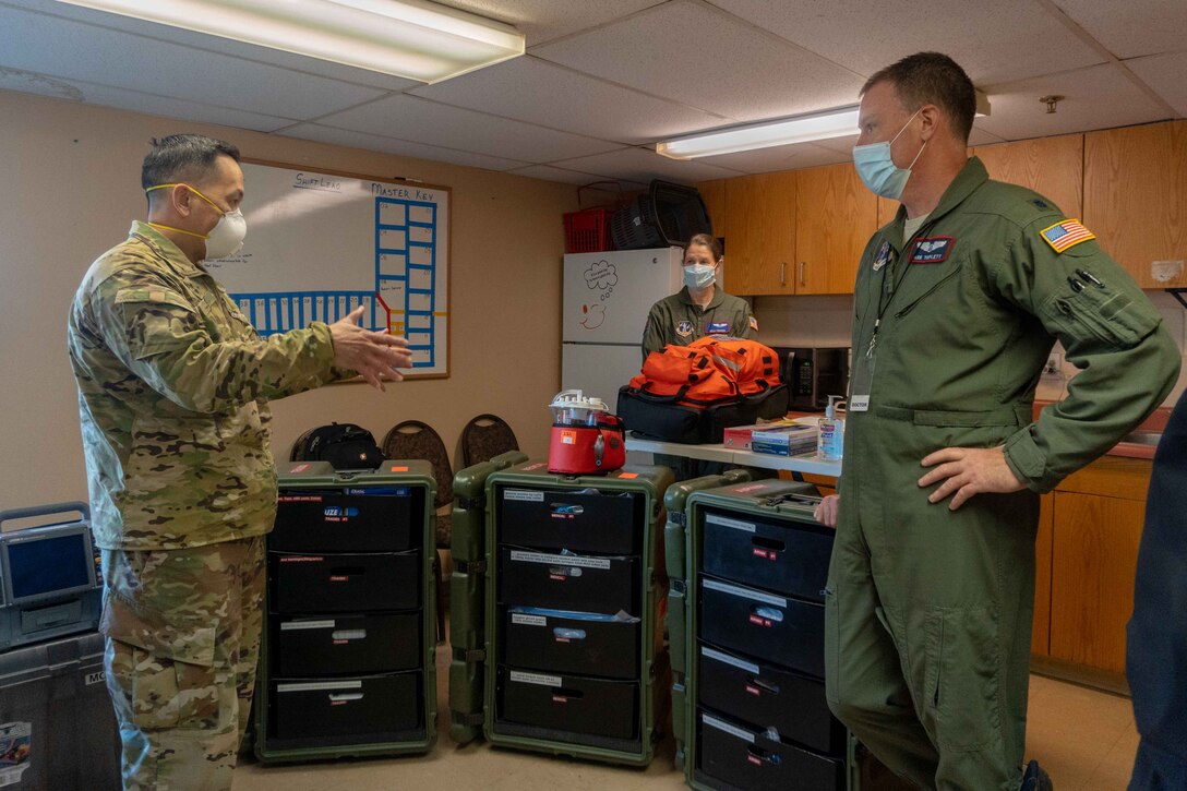 U.S. Army Maj. Gen. Mark Toy, Mississippi Valley Division commander, addresses the 139th Medical group during a visit to the alternate care site in St. Louis, Missouri, April 13, 2020. The site was developed to support health care facilities in the area. (U.S. Air National Guard photo by Senior Airman Audrey Chappell)