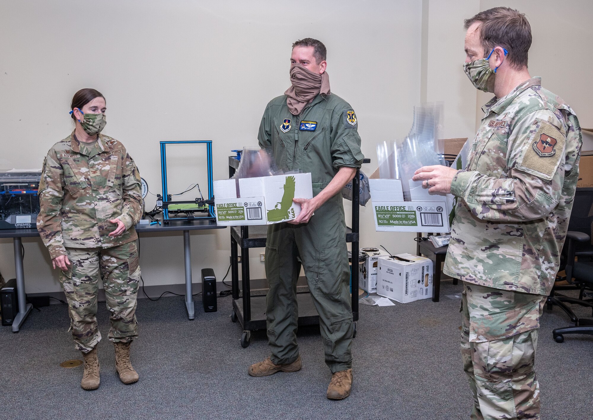 The 558th Flying Training Squadron produced face shields using a 3-D printer.