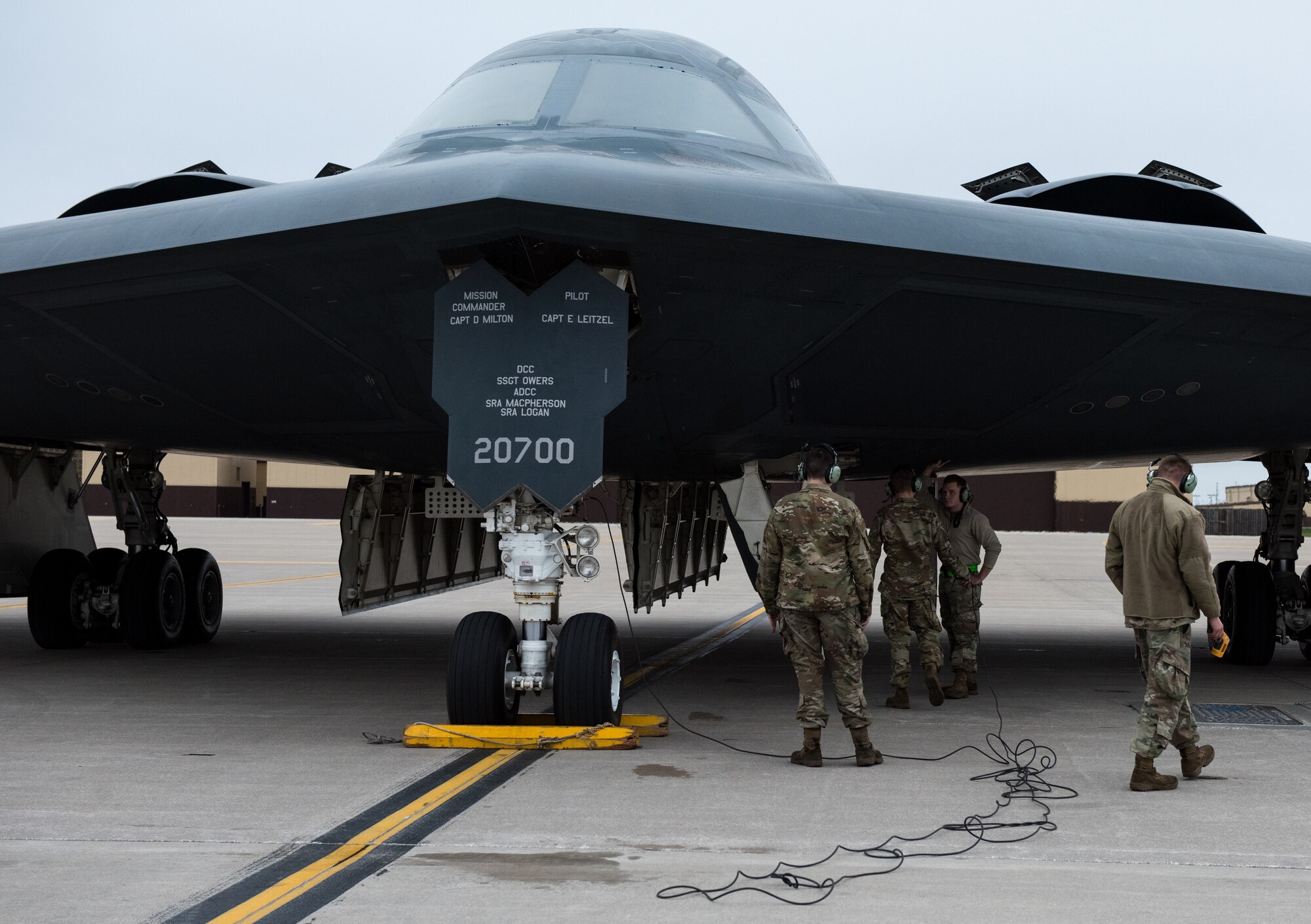 U.S. Air Force Airmen assigned to the 509th Bomb Wing refuel a B-2 Spirit stealth bomber at Whiteman Air Force Base, Missouri, March 18, 2020. This mission allowed the 509th Bomb Wing and the 131st Bomb Wing to work and train together as part of the Total Force Integration. (U.S. Air Force photo by Airman 1st Class Christina Carter)