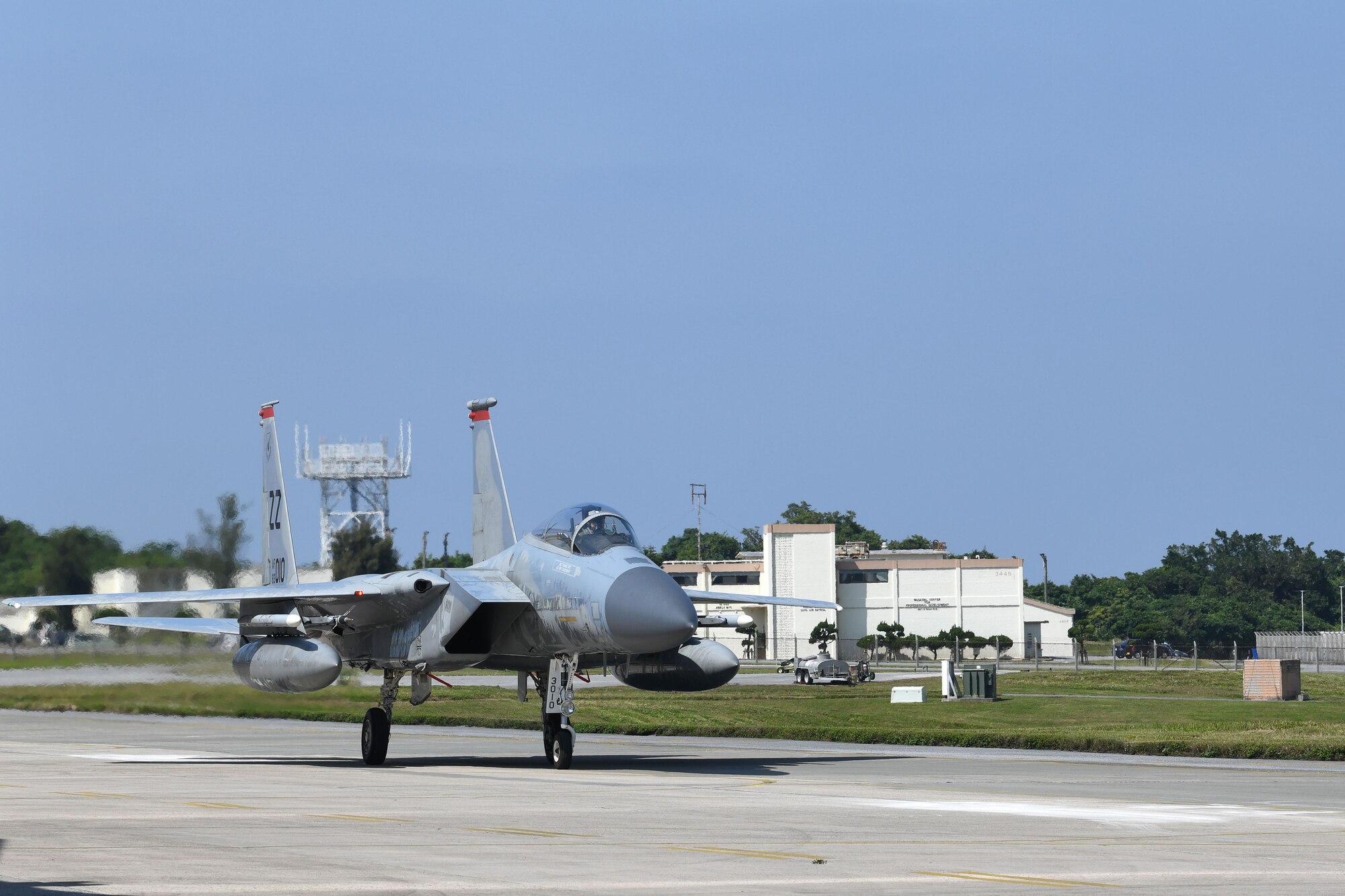 An F-15C Eagle taxi down the runway on Kadena Air Base, Japan, April 17, 2020. The F-15C Eagle is a maneuverable, tactical fighter designed to gain and maintain air supremacy over the battlefield. In order to ensure mission success, the Airmen of Team Kadena continuously rise to meet mission requirements and ensure air superiority. (U.S. Air Force photo by Airman 1st Class Rebeckah Medeiros)