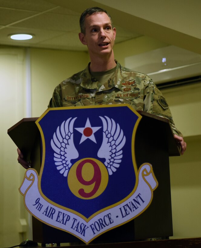 Maj. Gen. Alexus G. Grynkewich, the outgoing 9th Air Expeditionary Task Force-Levant commander, speaks during the 9 AETF-L Change of Command at Camp Arifjan, Kuwait, April 20, 2020.