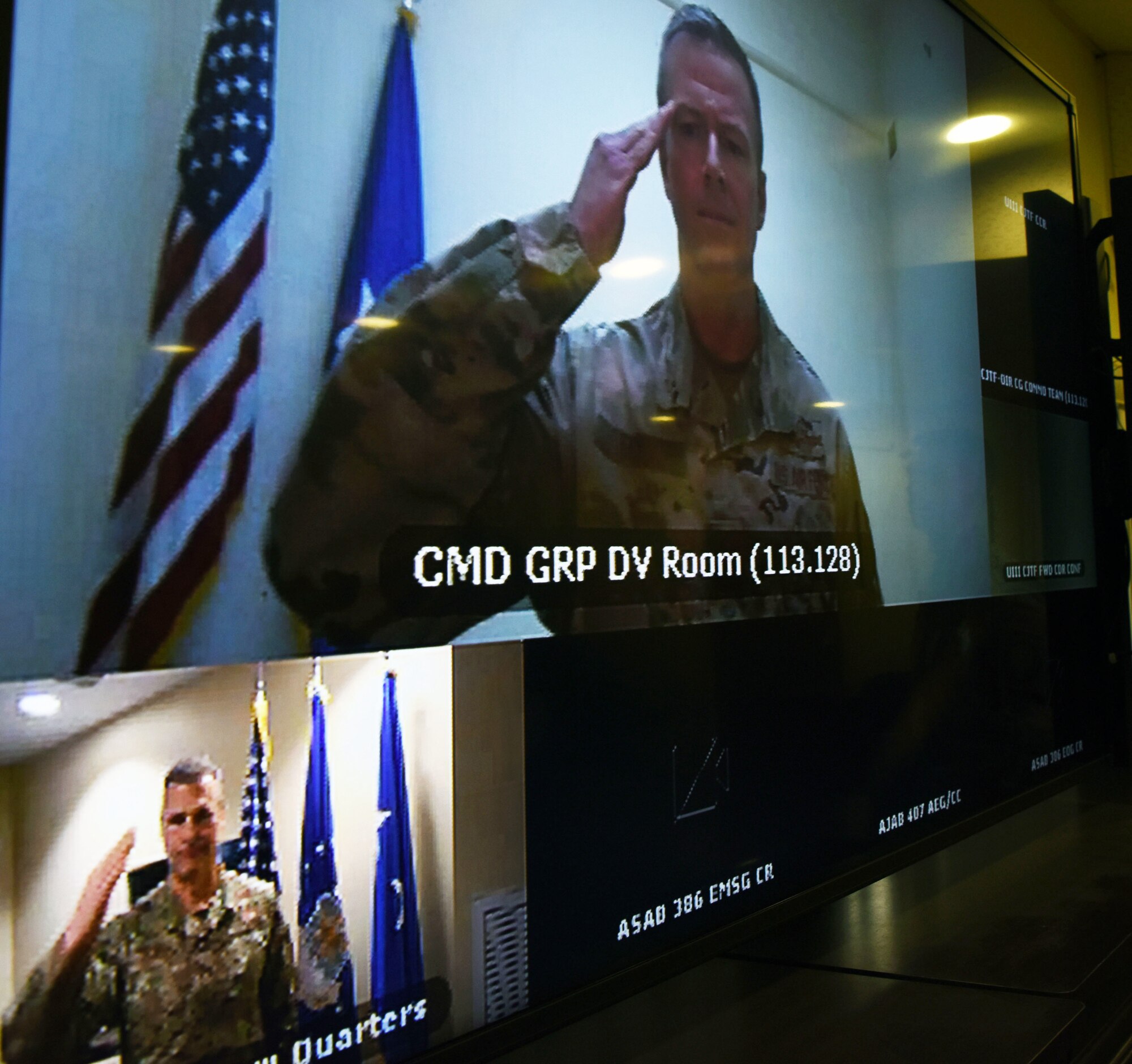 From top, Brig. Gen. Kenneth P. Ekman, incoming 9th Air Expeditionary Task Force-Levant commander, salutes Lt. Gen Joseph T. Guastella, U.S. Air Forces Central commander, during the 9 AETF-L change of command at Camp Arifjan, Kuwait, April 20, 2020.