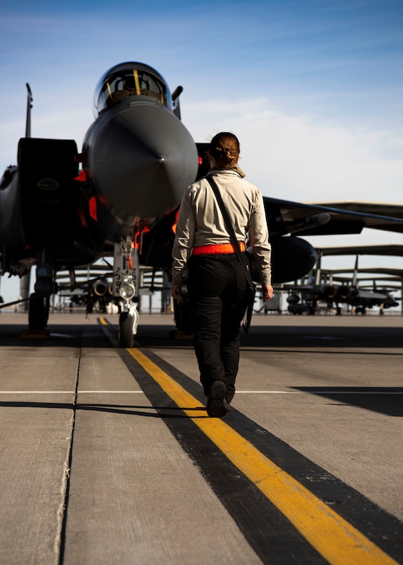 U.S. Air Force Airman 1st Class Kristin Lyons, 391st Fighter Squadron crew chief, completes an inspection of an F-15E Strike Eagle, April 14, 2020, at Mountain Home Air Force Base, Idaho. The 391st FS has adjusted its work tempo to more accurately reflect a deployment setting to increase readiness and better apply the safety measures during the COVID-19 pandemic. (U.S. Air Force photo by Airman 1st Class Andrew Kobialka)