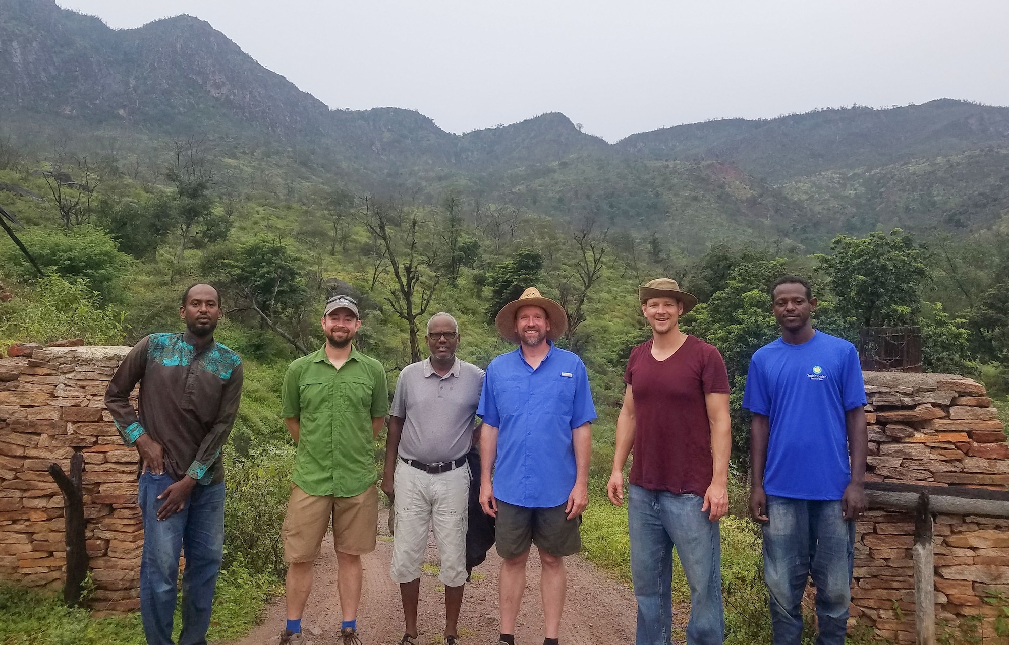 Group photo of expedition team and cadre ofDjiboutian nationals. Pictured from left to right - Djama from the Ministry of the Environment, James Whatton, Houssein Rayaleh from Djibouti Nature, Christopher Milensky, 1st Lt. Will Boss, and their driver Mohammad.