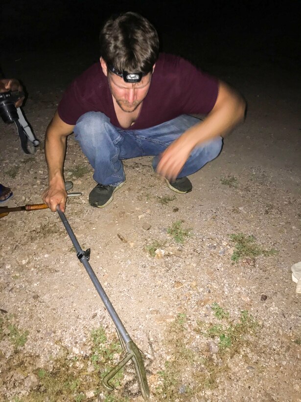 1st Lt. Will Boss, Air Force wildlife ecologist, safely extracts a Saw-Scaled Viper from a local village during a Smithsonian Institution sponsored expedition to the Horn of Africa nation of Djibouti in March 2020.