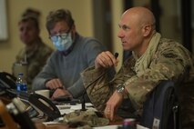 Lt. Col. William Parker, deputy commander of the 628th Mission Support Group and COVID-19 Working Group co-director, guides a meeting to check statuses on COVID-19 response tasks at the Emergency Operations Center located at Joint Base Charleston, S.C., April 16, 2020. Through the collaboration of ideas and perspectives, the group’s mission is to create possible solutions and generate recommendations for JB Charleston leaders. Their work allows commanders to make sound decisions affecting the installation and mission during the global pandemic.
