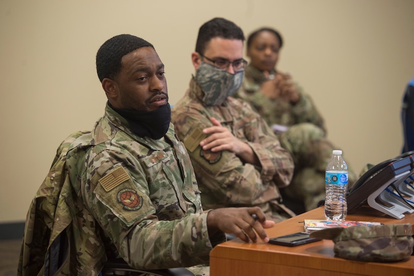 Tech. Sgt. Antonio Pegram, 628th Contracting Squadron contracting specialist and COVID-19 Working Group member, provides input during a meeting at the Emergency Operations Center located at Joint Base Charleston, S.C., April 16, 2020. Through the collaboration of ideas and perspectives, the group’s mission is to create possible solutions and generate recommendations for JB Charleston leaders. Their work allows commanders to make sound decisions affecting the installation and mission during the global pandemic.