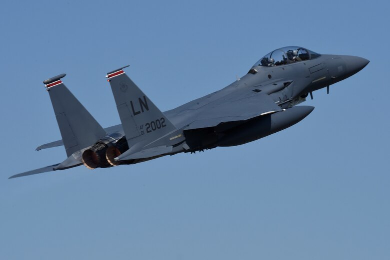 An F-15E Strike Eagle assigned to the 494th Fighter Squadron takes off at Royal Air Force Lakenheath, England, April 21, 2020. The F-15E Strike Eagle is a dual-role fighter designed to perform air-to-air and air-to-ground missions. (U.S. Air Force photo by Airman 1st Class Rhonda Smith)