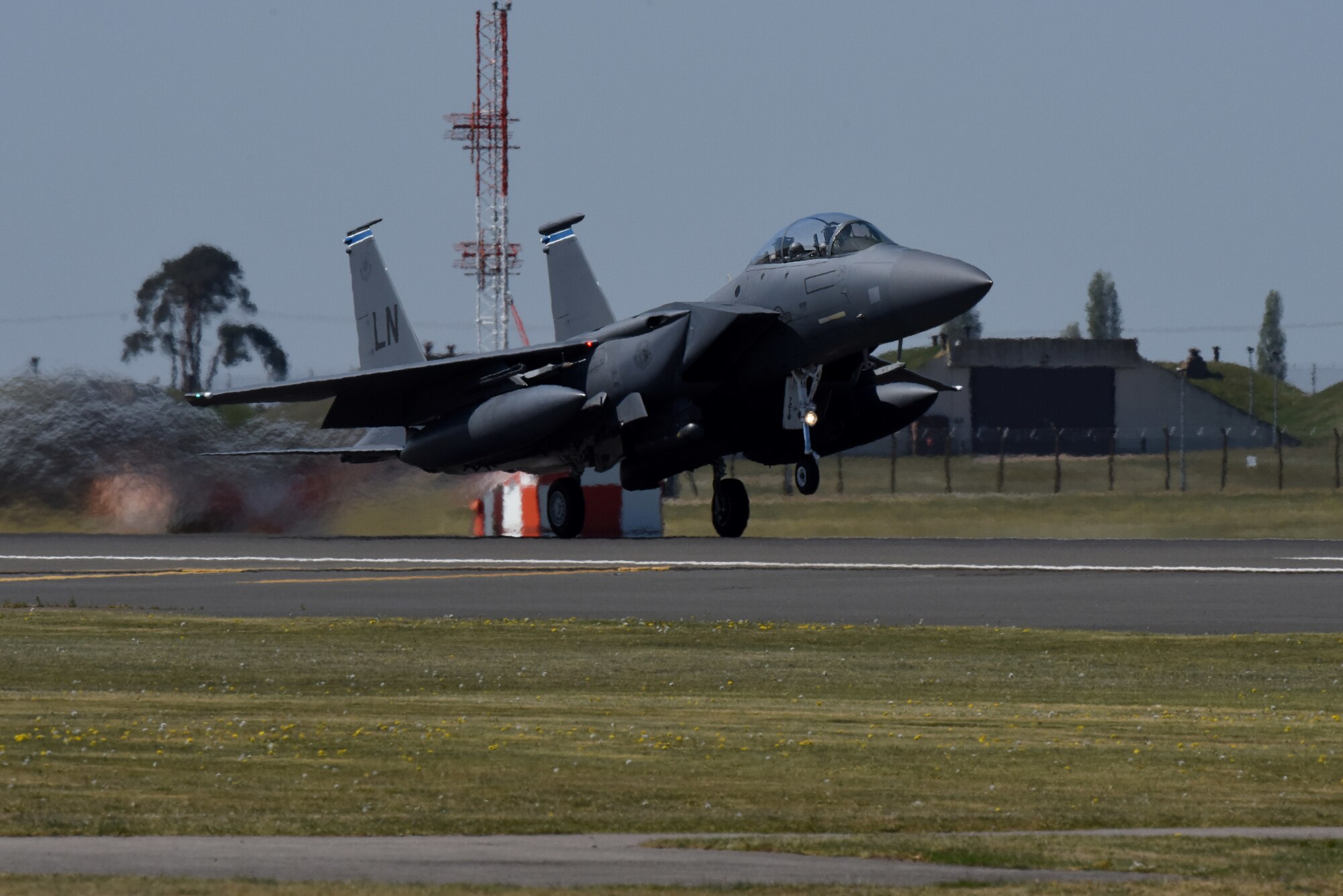 An F-15E Strike Eagle assigned to the 492nd Fighter Squadron takes off at Royal Air Force Lakenheath, England, April 21, 2020. An array of avionics and electronics systems gives the F-15E the capability to fight at low altitude, day or night and in all weather. (U.S. Air Force photo by Airman 1st Class Rhonda Smith)