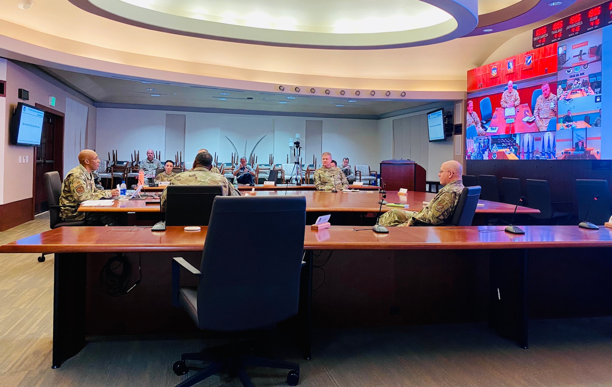 Gen. CQ Brown, Jr., Pacific Air Forces commander, discusses resiliency initiatives with commanders, command chiefs and directors from across the command as part of the virtual spring commander’s conference. Leaders gathered through a number of communication platforms, for a China Symposium, Operational Plan table top exercise and resiliency discussion April 13 and 15, 2020.