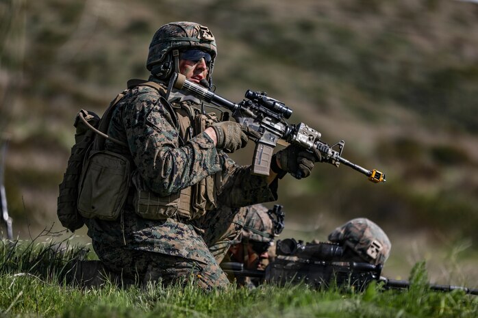 U.S. Marine Corps Sgt. Matthew Flickinger, infantryman with 2nd Battalion, 4th Marine Regiment, 1st Marine Division conducts a helo raid at Marine Corps Base Camp Pendleton, California, Feb. 5, 2020. The Marines were supported by 1st Law Enforcement Battalion and 1st Combat Engineer Battalion to enhance lethality and hone combat skills. (U.S. Marine Corps photo by Cpl. Austin Herbert)
