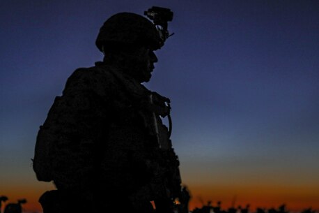 U.S. Marines with 2nd Battalion, 4th Marine Regiment, 1st Marine Division conduct a helo raid at Marine Corps Base Camp Pendleton, California, Feb. 5, 2020. The Marines were supported by 1st Law Enforcement Battalion and 1st Combat Engineer Battalion to enhance lethality and hone combat skills. (U.S. Marine Corps photo by Cpl. Austin Herbert)