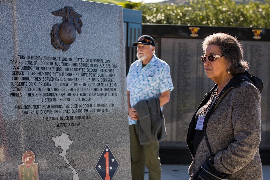 U.S. Marine veterans and families with the 1st Marine Division Association visit 5th Marine Regiment's Memorial Garden on Marine Corps Base Camp Pendleton, California, Jan. 30, 2020. The veterans visited the memorial to honor those Marines and Sailors who gave the ultimate sacrifice while serving with 1st Marine Division. (U.S. Marine Corps photo by Cpl. Alexa M. Hernandez)
