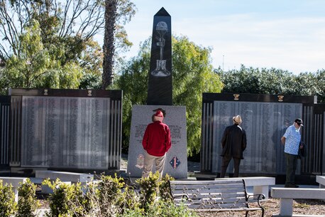 U.S. Marine veterans with the 1st Marine Division Association visit 5th Marine Regiment's Memorial Garden on Marine Corps Base Camp Pendleton, California, Jan. 30, 2020. The veterans visited the memorial to honor those Marines and Sailors who gave the ultimate sacrifice while serving with 1st Marine Division. (U.S. Marine Corps photo by Cpl. Alexa M. Hernandez)