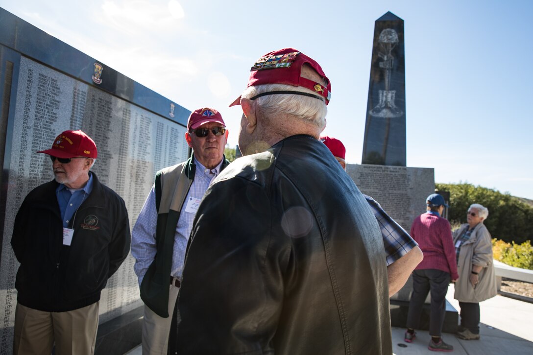 U.S. Marine veterans with the 1st Marine Division Association visit 5th Marine Regiment's Memorial Garden on Marine Corps Base Camp Pendleton, California, Jan. 30, 2020. The veterans visited the memorial to honor those Marines and Sailors who gave the ultimate sacrifice while serving with 1st Marine Division. (U.S. Marine Corps photo by Cpl. Alexa M. Hernandez)