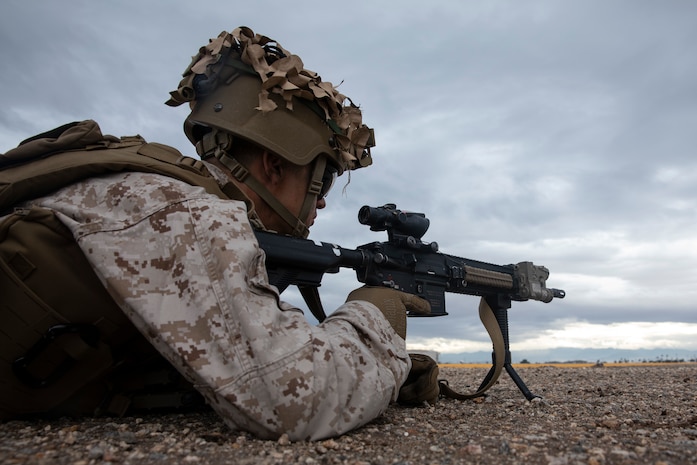 U.S. Marines with 2nd Battalion, 5th Marine Regiment, 1st Marine Division form a blocking position during exercise Steel Knight 20 (SK20) at Naval Air Facility El Centro, California, Dec. 7, 2019. SK20 is an annual training exercise executed by approximately 13,000 Marines and Sailors designed to improve and assess the 1st Marine Division's ability to fight and win against a peer or near-peer threat. (U.S. Marine Corps photo by Sgt. Alina Thackray)