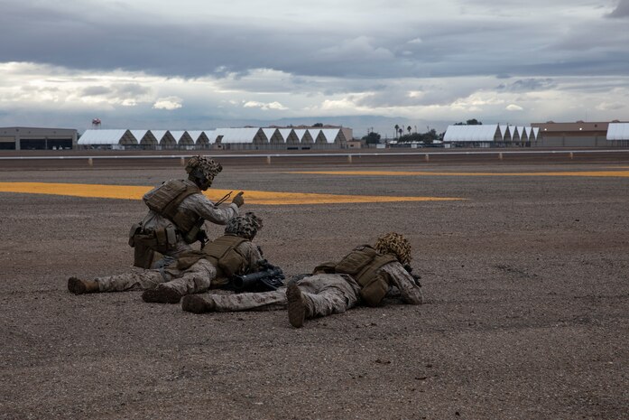U.S. Marines with 2nd Battalion, 5th Marine Regiment, 1st Marine Division form a blocking position during exercise Steel Knight 20 (SK20) at Naval Air Facility El Centro, California, Dec. 7, 2019. SK20 is an annual training exercise executed by approximately 13,000 Marines and Sailors designed to improve and assess the 1st Marine Division's ability to fight and win against a peer or near-peer threat. (U.S. Marine Corps photo by Sgt. Alina Thackray)