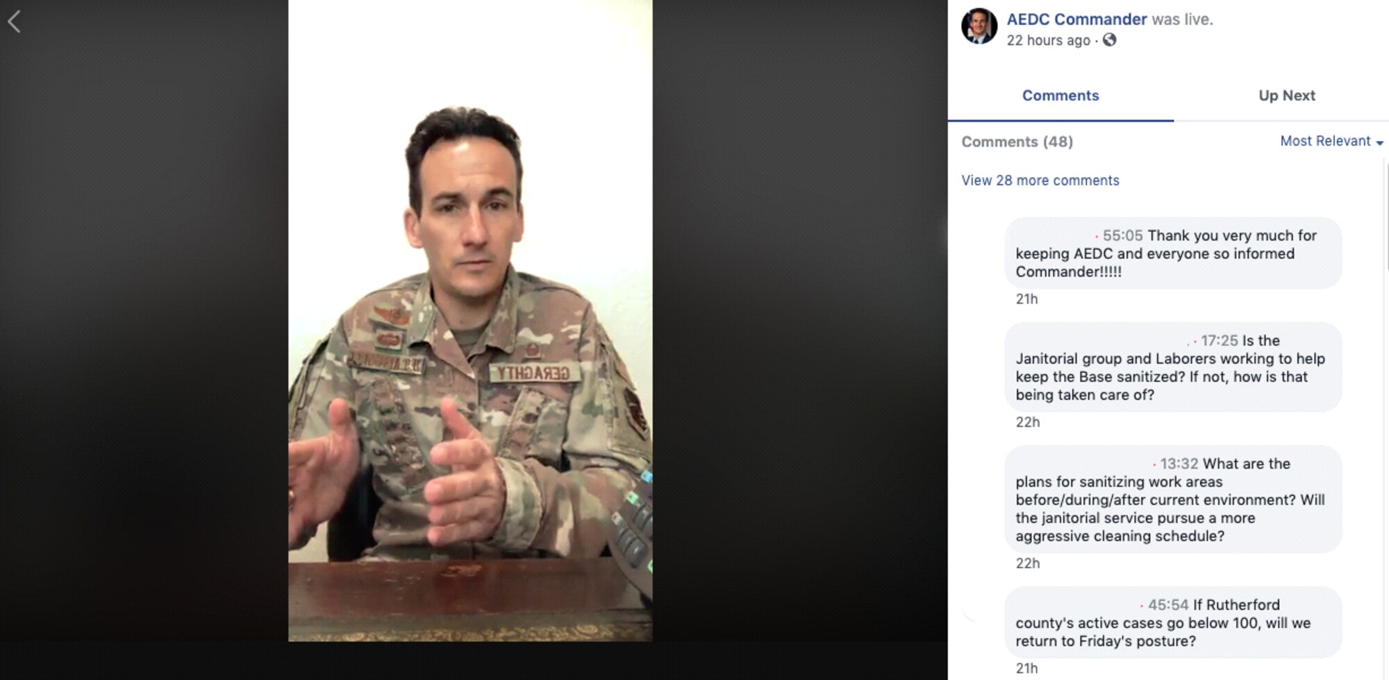 Arnold Engineering Development Commander (AEDC) Col. Jeffrey Geraghty conducts a virtual
town hall via Facebook April 8. Geraghty provided an AEDC COVID-19 update aimed at the
workforce and answered questions from AEDC team members through Facebook that were
presented by AEDC Public Affairs Chief Jason Austin. (Screen capture) (This image has been
altered by obscuring images and names within it for privacy reasons.)