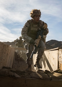 U.S. Marines with 1st Battalion, 3rd Marine Regiment, 3rd Marine Division enter and clear a bunker during the Integrated Training Exercise (ITX) at Marine Air Ground Combat Center Twentynine Palms, California, Jan. 25, 2020. ITX is a month-long training event that applies combined-arms maneuver and offensive and defensive operations to prepare Marines for deployment. (U.S. Marine Corps photo by Cpl. Jack C. Howell)