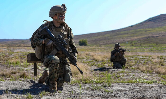 U.S. Marines with 2nd Battalion, 5th Marine Regiment, 1st Marine Division, patrol during a Marine Corps Combat Readiness Evaluation (MCCRE) on Marine Corps Base Camp Pendleton, California, Sept. 21, 2019. 5th Marines conducted a regimental-sized MCCRE for 1st Battalion, 5th Marines and 2nd Battalion, 5th Marines, as well as the Regimental Headquarters to increase the combat proficiency and readiness of the regiment. The MCCRE took place over a 10 day period and served as proof of concept for future regimental-sized MCCREs. (U.S. Marine Corps photo by Lance Cpl. Roxanna Ortiz)